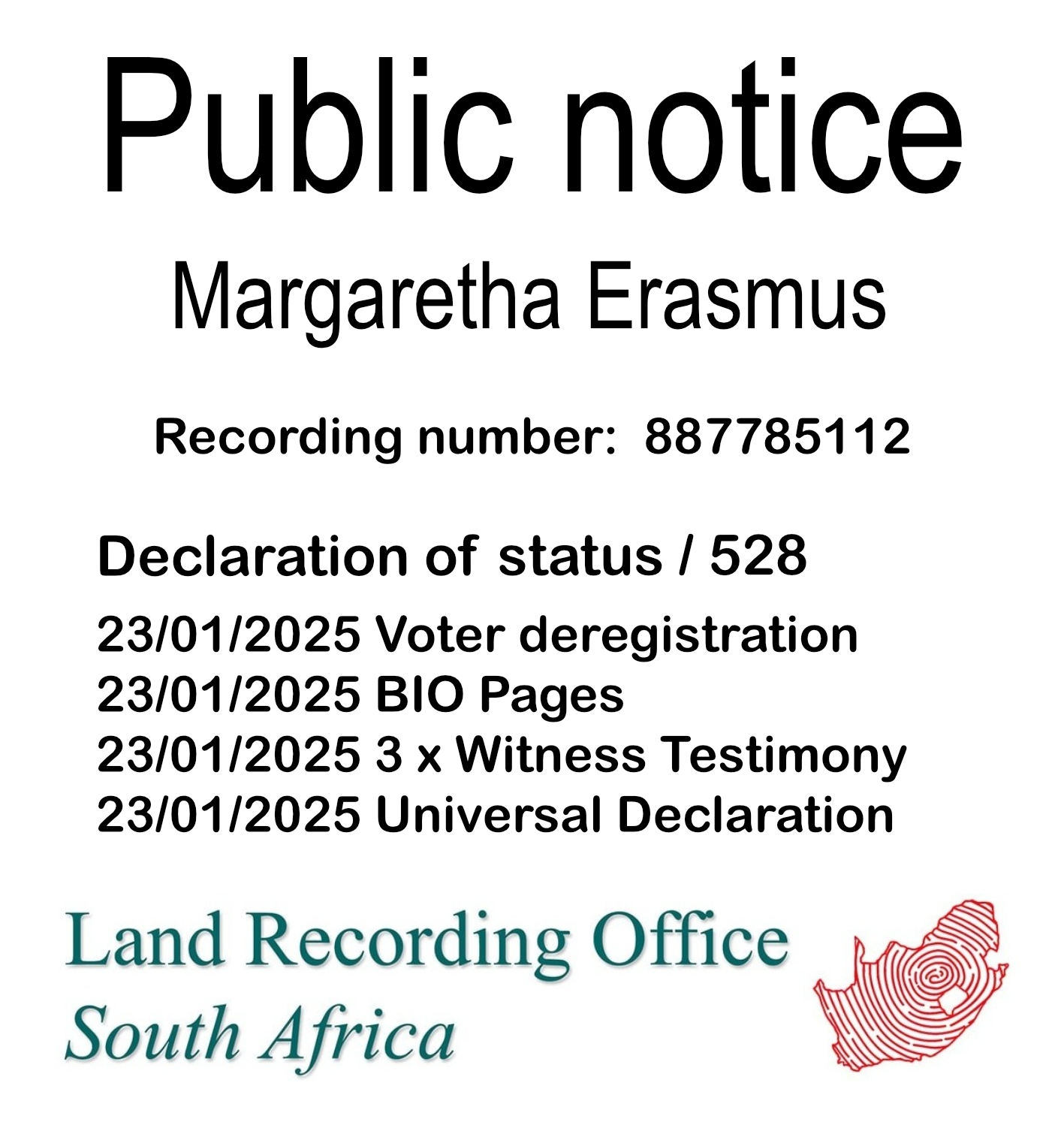 Public notice Margaretha Erasmus Recording number 887785112